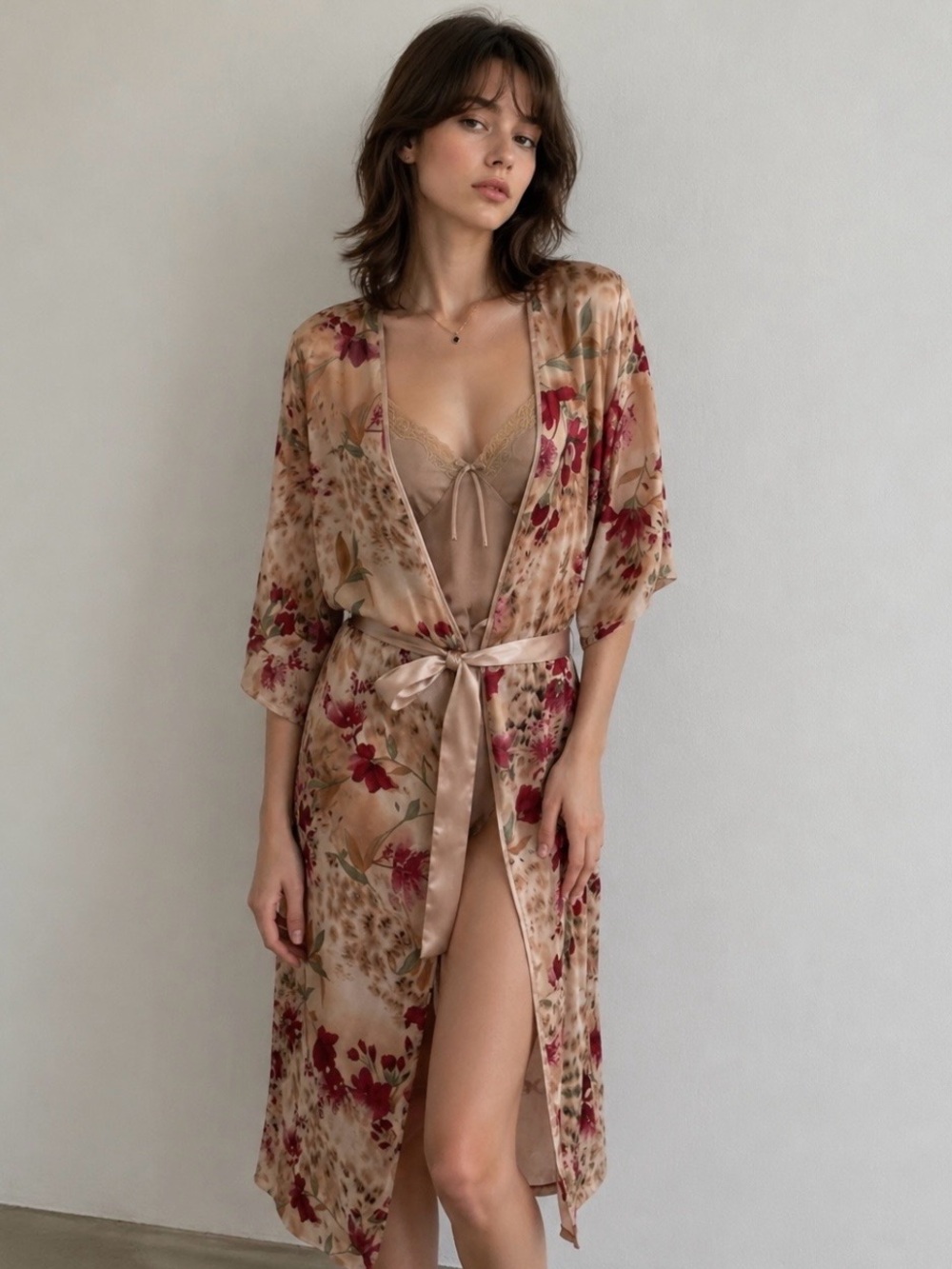 Vintage 90s Cinema Etoile Beige Satin Lingerie Gown & Sheer Floral Robe Set.  M